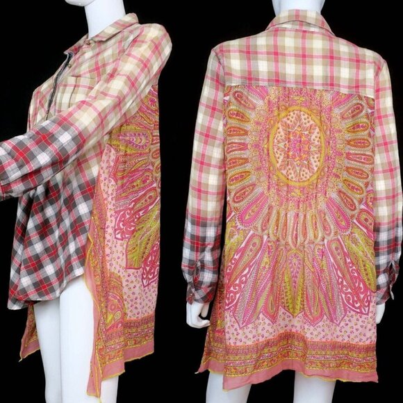 Aratta Silent Journey High Low Blouse Button-up Plaid Mandala Women's Small - Picture 1 of 5